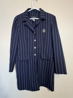 vintage John Roberts navy blue jacket dress with white pinstripes 12